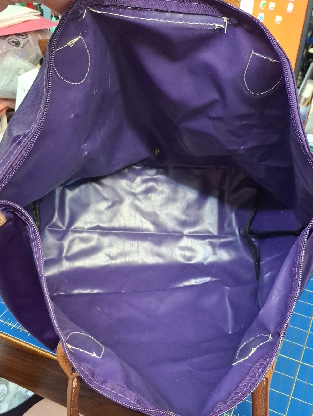 Purple Tote Preloved Brown Leather Trim - Picture 6 of 9